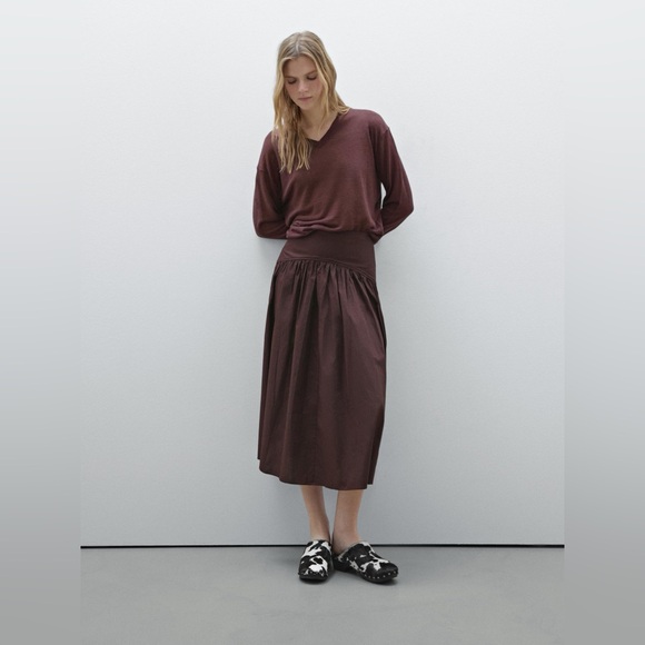 Massimo Dutti Skirt w Yoke Detail | Chocolate 100% Cotton Midi. Quiet Luxury NWT - Picture 6 of 12